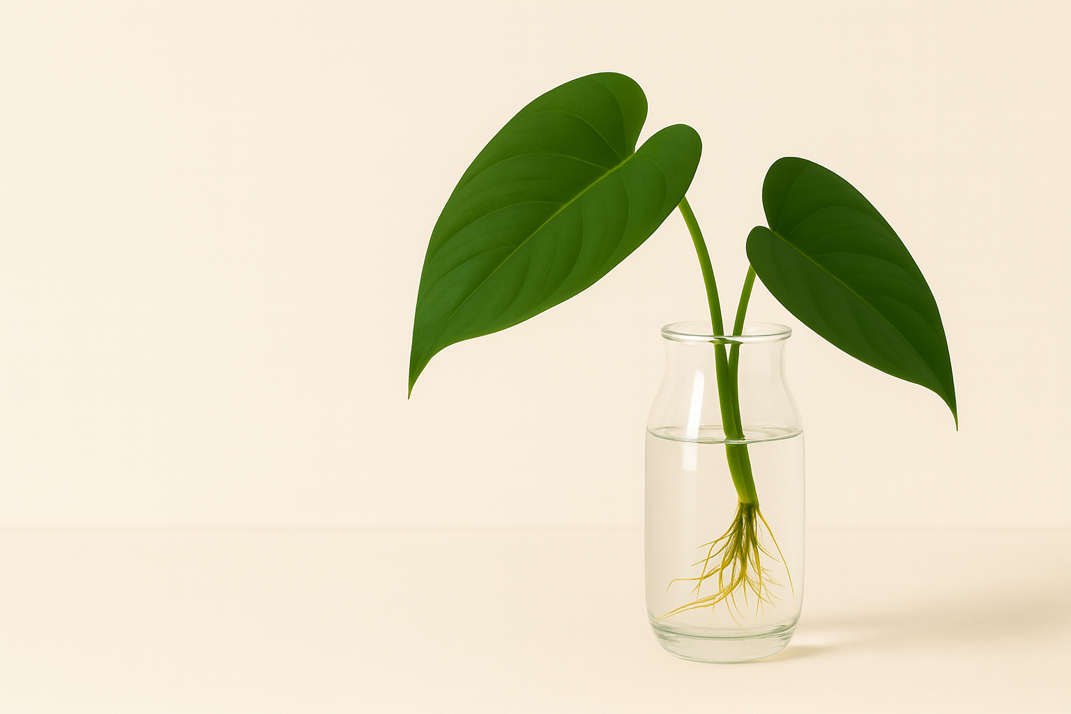 Green plant in a clear glass vase on warm background